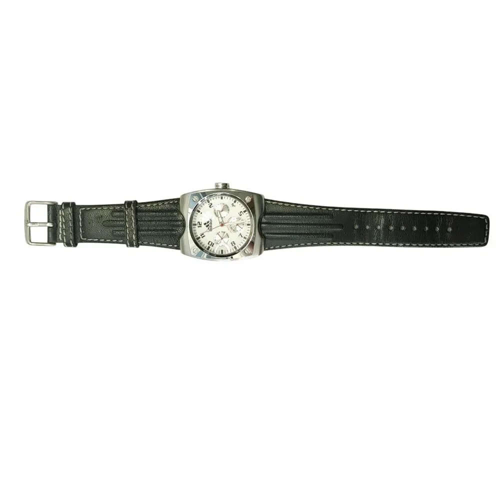 Adidas 10-5005 VS Multifunction Watch Silver White Dial Black Leather Band